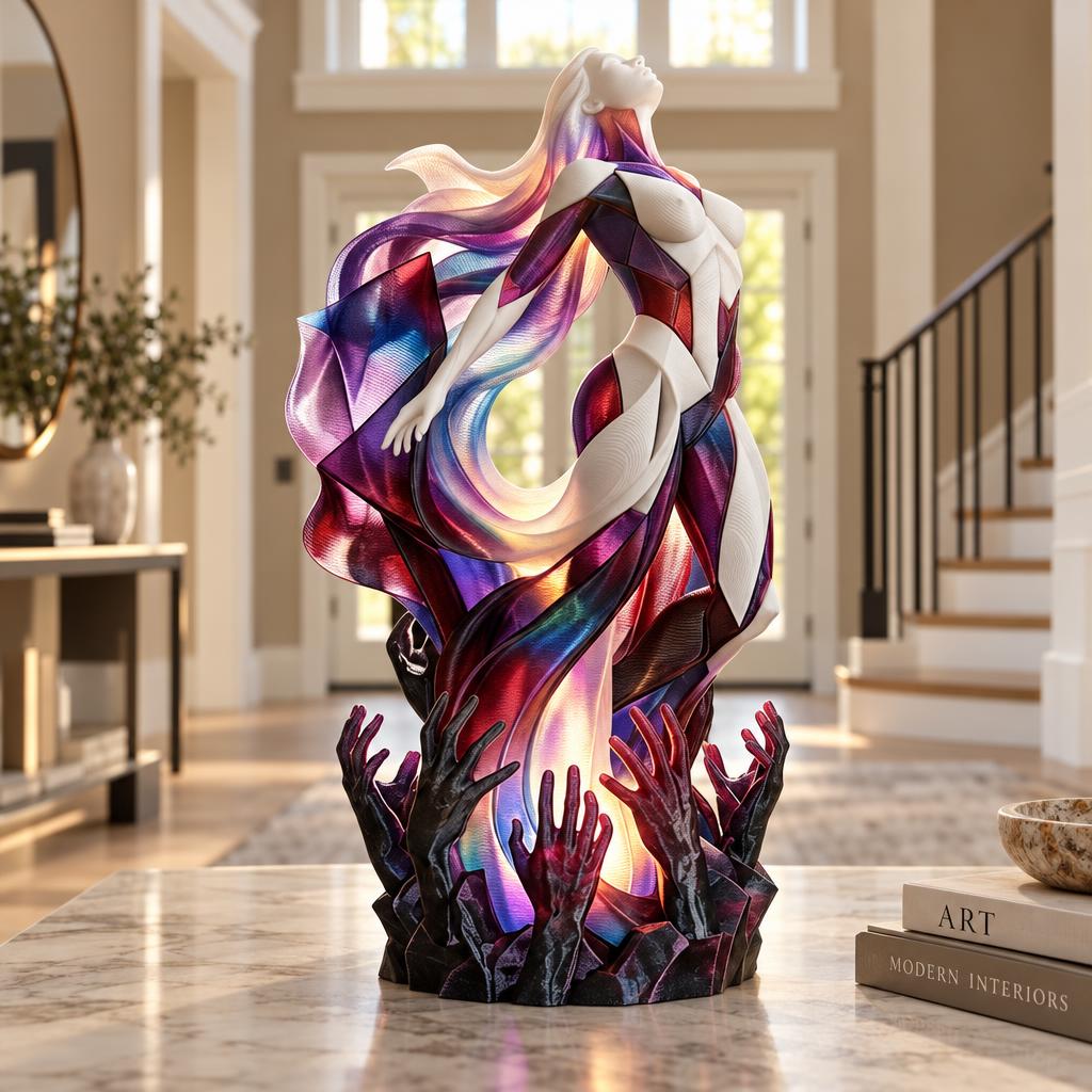 An illuminated Kralaxy Design sculpture: a white figure rising from dark reaching hands, wrapped in glowing violet, blue, and red translucent ribbons